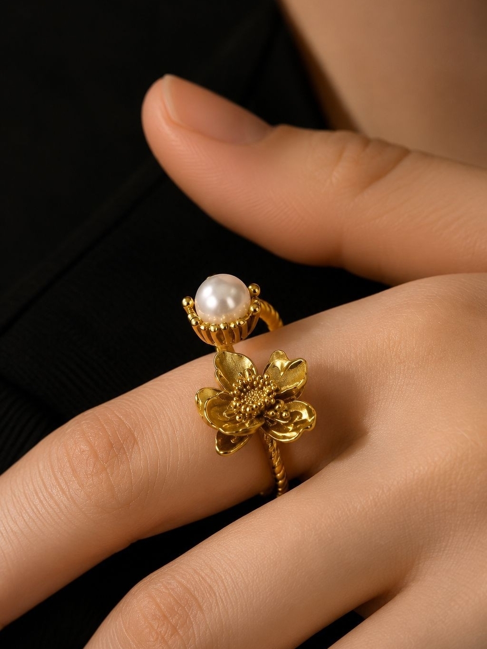 Gold Floral Ring with Pearl Accent